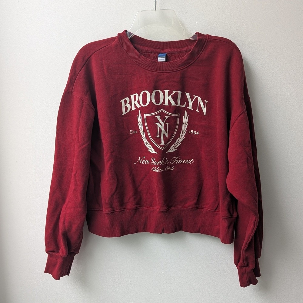 Old Navy Sweatshirt Red Brooklyn Graphic Cropped Pullover Sz L Collegiate Cozy
